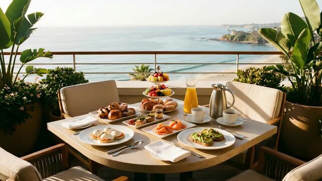 Luxury breakfast served on hotel balcony overlooking ocean. Gourmet morning meal with fruits, pastries and drinks. Vacation lifestyle at seaside resort terrace.