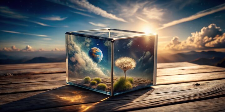 A Glass Cube Encapsulating a Miniature World, Featuring a Distant Planet, a Unique Plant, and a Serene Landscape Under a Vivid Sky