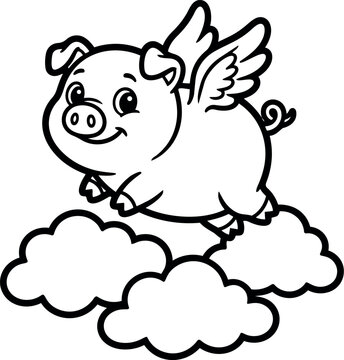 Cute smiling pig with small wings flying above fluffy clouds cartoon style black and white vector line art illustration