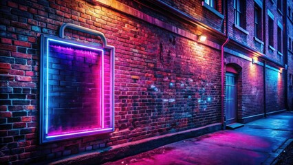 Obraz premium Neon glow illuminates a vacant sign on a brick wall at night