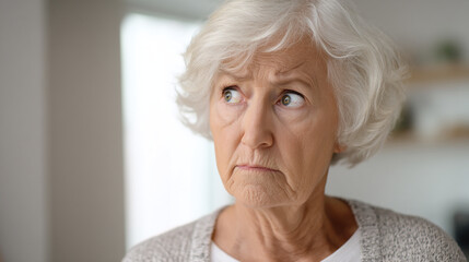An elderly woman with a concerned expression on her face