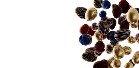 Elegant abstract 3D rendered Easter eggs in various colors and textures floating against a white background, perfect for