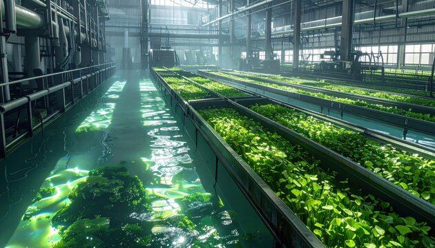 Modern industrial facility cultivating microalgae in advanced systems for efficient nutrient extraction and sustainable biotechnology production.