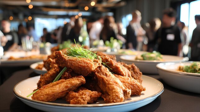 Savory chicken wing arrangement: A tantalizing arrangement of crispy fried chicken wings, garnished with fresh herbs, sit atop a pristine plate, ready to be enjoyed at a gathering. 
