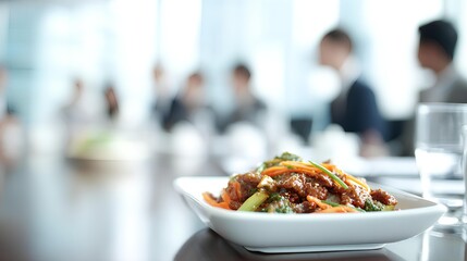 Culinary Collaboration: A close-up shot of a delectable dish placed elegantly on a polished table, setting the scene for a meeting.