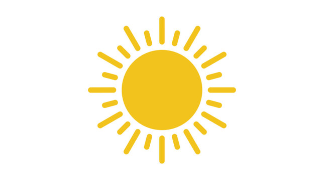 A vibrant yellow sun icon with radiating rays, ideal for weather apps, summer designs, and conveying warmth or positive energy in a clean vector style.