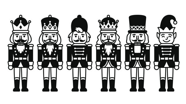 A lineup of charming black and white nutcracker soldiers and festive toy figures. Ideal for holiday designs, invitations, and decorations. Joyful, festive, simple, icon.