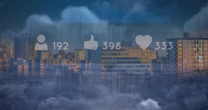 Animation of media icons and clouds over cityscape