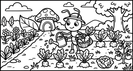 Fototapeta premium Cute vector art of smiling bug character watering vegetable garden near mushroom house with fresh carrots and leafy greens in countryside scene