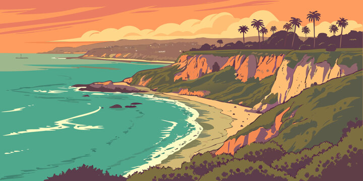 USA, US, U.S, United States - La Jolla Cove Turquoise Ocean Cliffs Sunset Panorama | Scenic California Coastal Landscape Wall Art Poster | USA Travel Nature Print