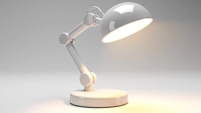 Bright, modern white adjustable desk lamp with a glossy finish illuminates a clear surface in a contemporary minimalist studio setting.