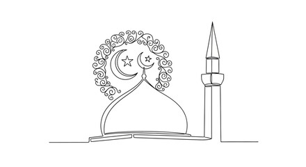 Mosque dome and minaret, Islamic crescent moon and star, simple line art © Akun Berkah