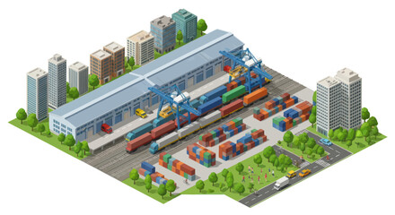 Isometric industrial freight train station with containers, cranes, buildings, and vehicles © Bakul