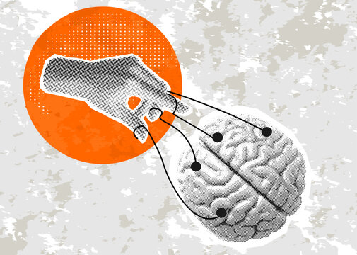 Trendy collage. Hand holding brain like puppet with strings on grey background. Concept of psychological manipulation, control, neuroscience, pharma influence and ethical awareness in society.