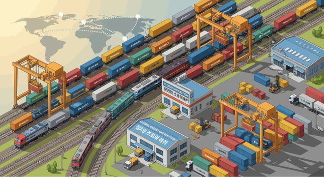 Isometric Logistics Hub: Trains, Cranes, Cargo Containers, and Warehouses