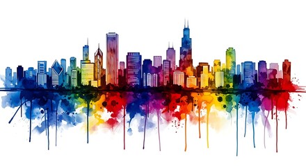 Fototapeta premium Watercolor skyline of a city with tall buildings, vibrant colors and dripping paint effect