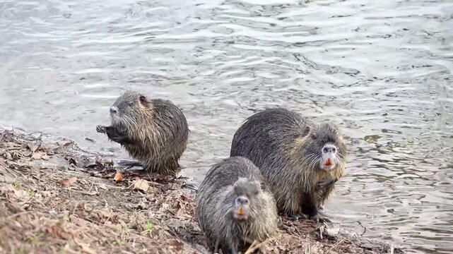 A group of young nutria in the zoo.