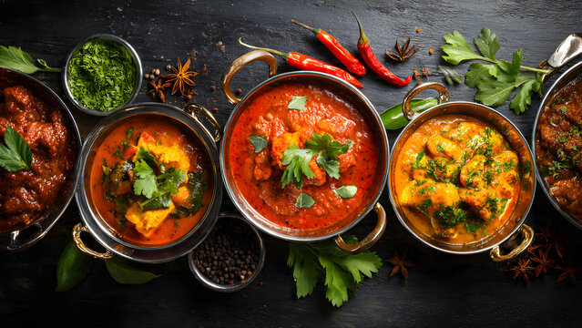  Selection of Indian curries on stainless steel serving dishes