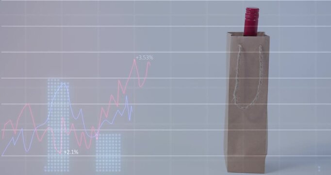 Animation of financial data and graphs over paper shopping bag with alcohol