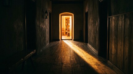 Fototapeta premium Mysterious dark hallway with light beam from an open door, old wooden interior