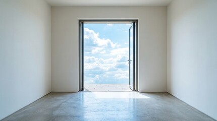 Obraz premium Open Door to Bright Sky and Clouds, Minimalist Room Interior
