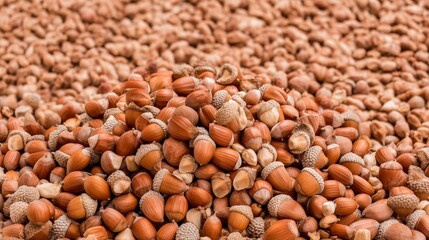 Fototapeta premium Pile of Fresh Hazelnuts on Natural Background with Warm Tones