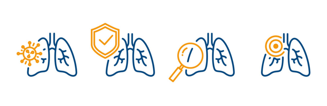lungs icon set, outline icons of human lungs with shield, pneumonia, infection bacteria, magnifier looking on lung, editable web symbols