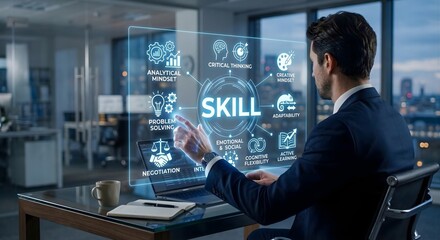 Fototapeta premium Corporate professional sitting at glass desk interacting with holographic skill assessment display featuring analytical mindset and problem solving icons against nighttime city office backdrop view