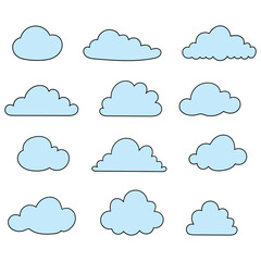 Fototapeta premium Hand-drawn cartoon set of blue clouds on a white background.