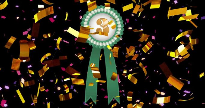Animation of green and white rosette with number 3 and falling gold confetti on black background