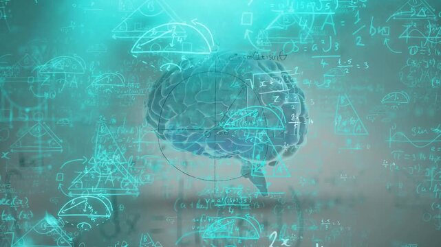 Semi-transparent 3D brain floating over gradient backdrop, showing glowing equations and axes