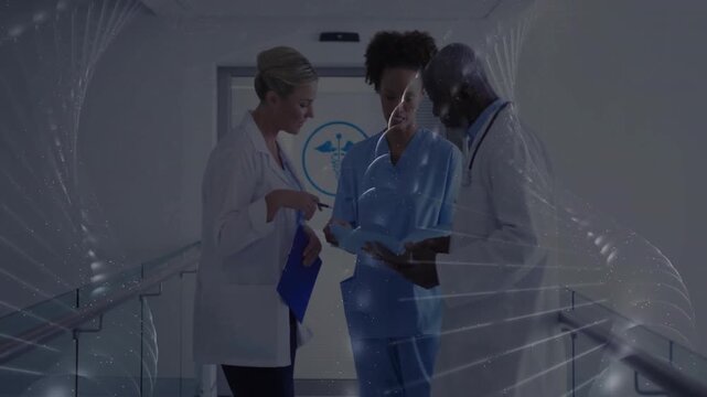 Senior doctors and nurse approaching caduceus door using clipboard tablet spirals showing data