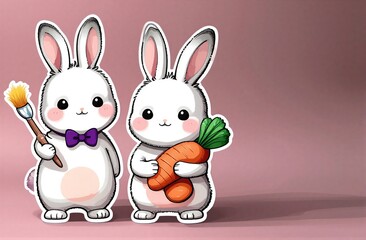 Obraz premium Two cute bunnies one holding a carrot the other with a paintbrush.