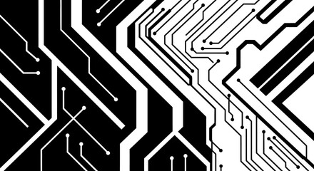 Obraz premium Abstract circuit board pattern, intricate electronic motherboard design with black lines on isolated white background