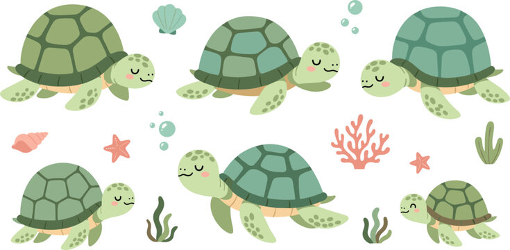 Cute Sea Turtle Cartoon Collection with Swimming Turtles, Ocean Shells, Coral, Seaweed, and Bubbles Marine Life Kids Style Vector Illustration Set