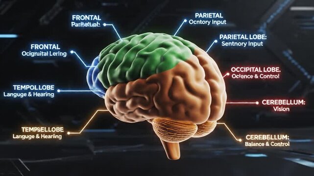 Detailed 3D illustration of the human brain with labeled lobes and functions, showcasing the complexity of the central nervous system.