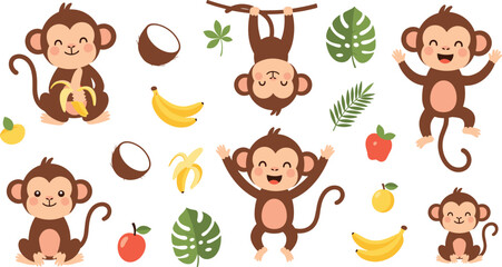 Fototapeta premium Cute Monkey Cartoon Character Collection with Bananas, Coconut, Tropical Leaves, and Playful Jungle Animals Kids Style Vector Illustration Set