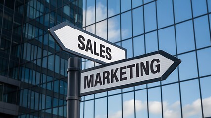 Fototapeta premium Business signs pointing to sales and marketing in front of office building