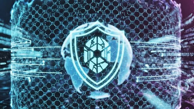 Cybersecurity Shield Icon for Global Data Protection and Network Security Systems Illustrating Digital Encryption Privacy and Cyber Defense in a Professional Virtual Technology Space Concept