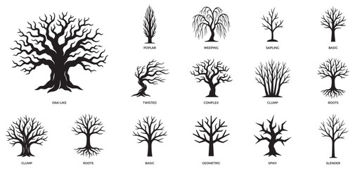 Fototapeta premium Bare trees silhouettes vector icons set. Dead or winter trees with branches and roots, oak, poplar and weeping willow shapes. Vector Illustration.