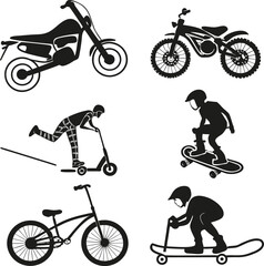 Fototapeta premium Black and white silhouettes of people riding various wheeled sports equipment motorcycle dirt bike d