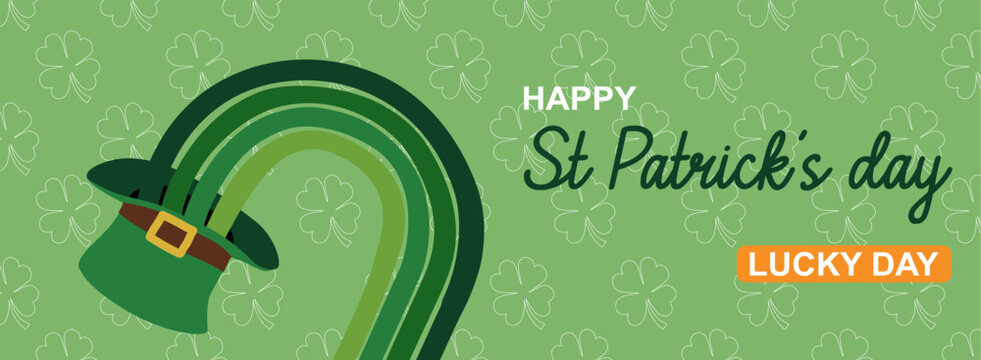 Banni&egrave;re web &laquo; Joyeuse Saint-Patrick &raquo;, avec un arc en ciel qui sort d'un chapeau vert. annonce du d&eacute;fil&eacute; de la ville, programme des festivals familiaux pour une newsletter ou les media sociaux