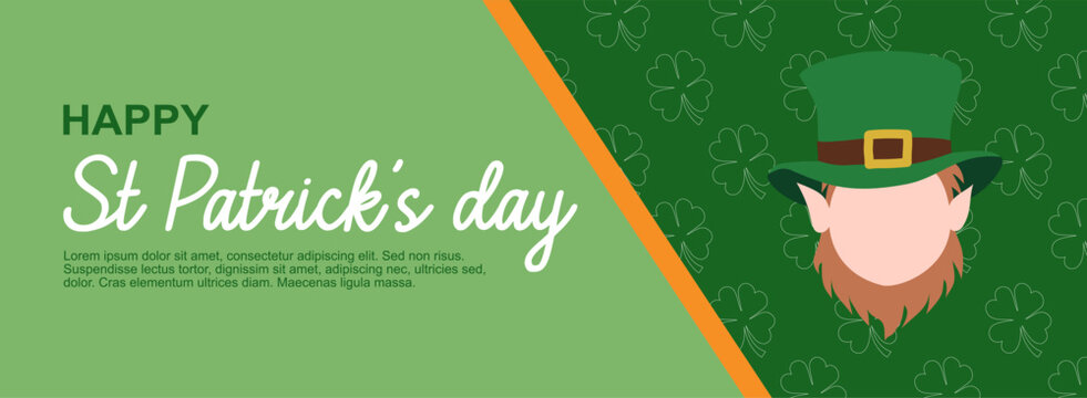 Banni&egrave;re de site internet pour la Saint-Patrick avec le portrait d'un farfadet sur un fond vert avec des tr&egrave;fle. Parfait pour promouvoir cette f&ecirc;te irlandaise