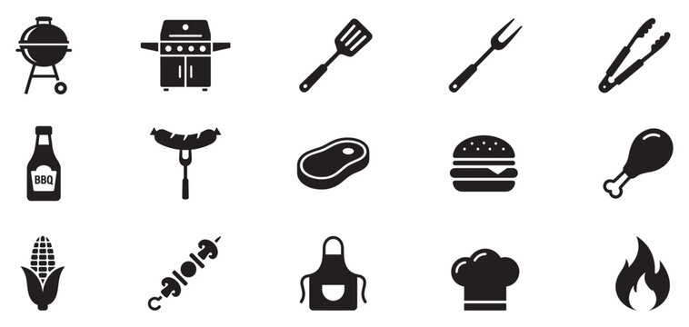 BBQ grill icon set. Barbecue and grilling icons. BBQ icon set. Barbeque icon vector. 
