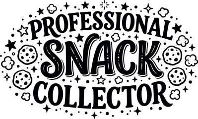 Plakat Black and white bold typography professional snack collector text with cookie and popcorn icons surrounding letters vector art design