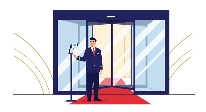 Concierge with temperature scanner at hotel entrance, thermal camera, safety measures