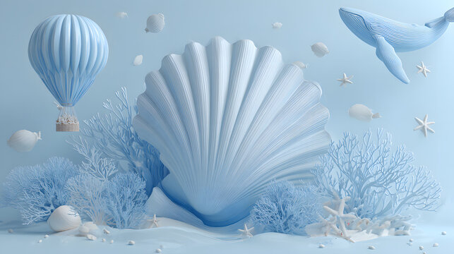 Paper art ocean scene with whale and shell