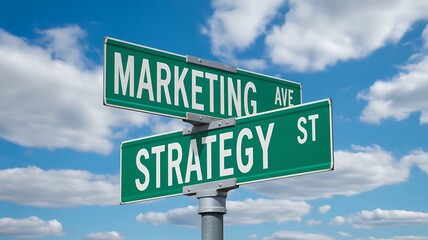 Fototapeta premium Green street signs with marketing and strategy text