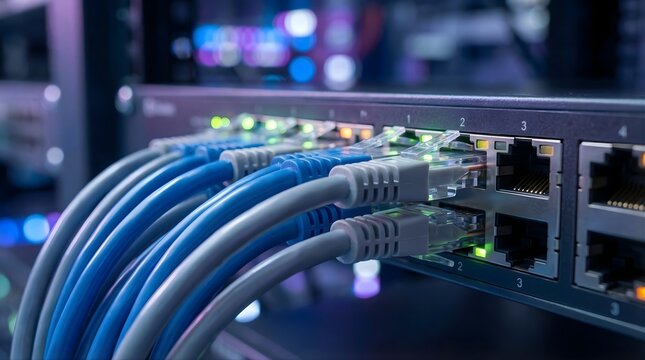 Front view of network switch with blue and grey ethernet cables connected, showing multiple active indicator lights in a server room, symbolizing robust connectivity