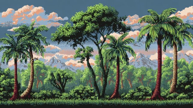 8bit pixel jungle with forest trees and palms, tropical rainforest mountains, video game level background, arcade style pixel art, retro gaming scenery with vibrant colors